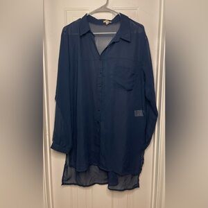 NAVY BLUE SHEER HI-LO BUTTON DOWN LONG SLEEVE DRESS SHIRT